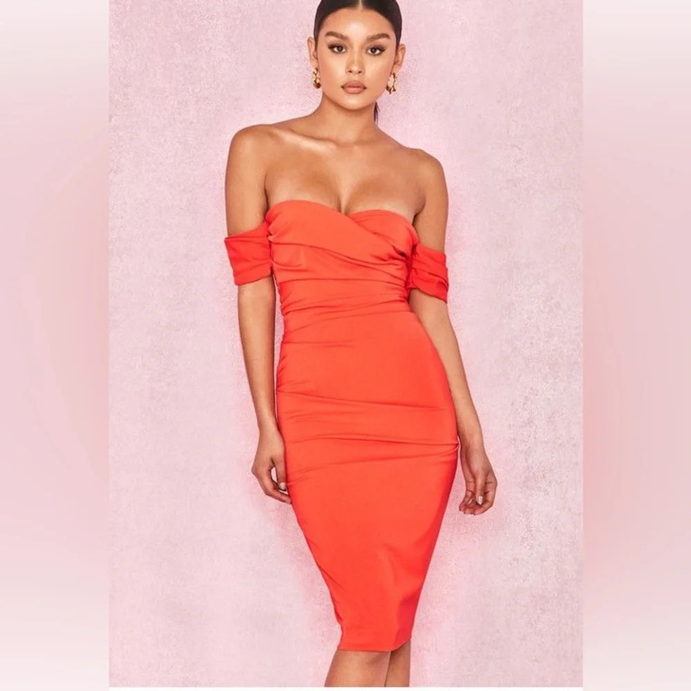 House of CB Orange Ruched Off-Shoulder Bodycon Midi Dress